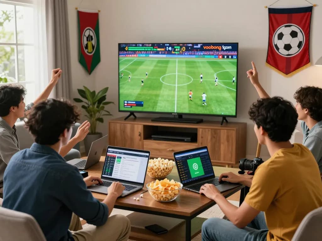 Friends enjoying 'vaobong 1gom' live football betting experience, surrounded by snacks and laptops.