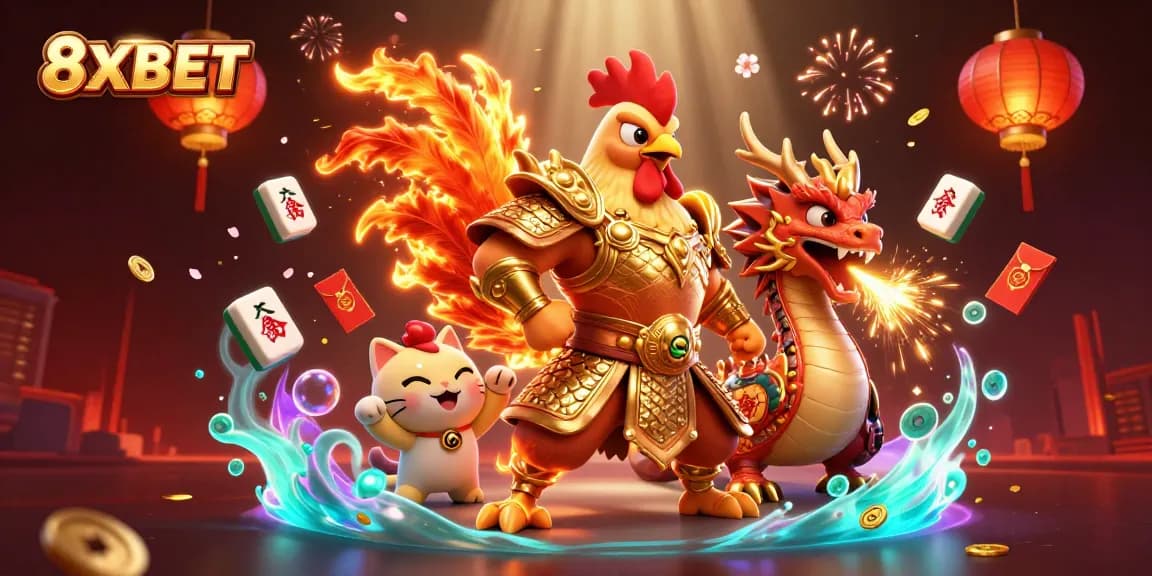 Experience the thrill of betting with 8XBET, illustrated by vibrant casino elements and dynamic characters.