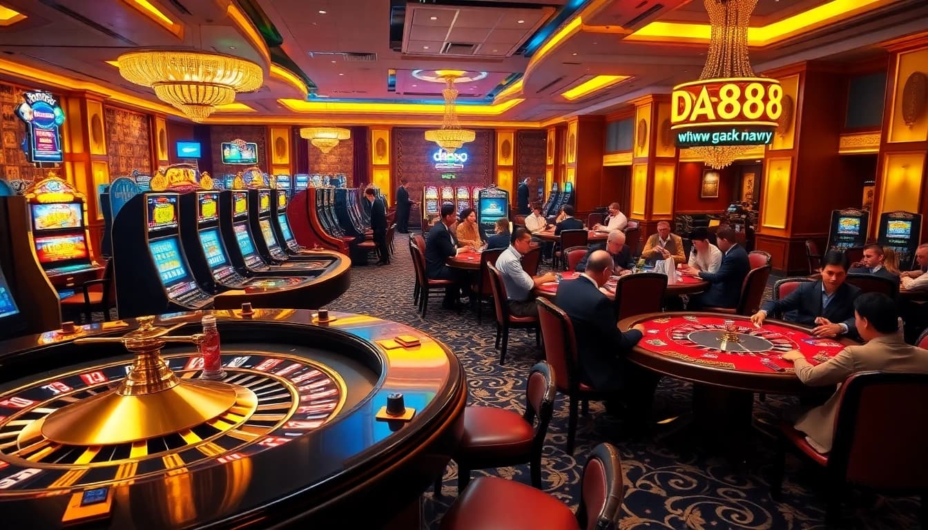 Betting excitement at a luxurious casino scene showcasing https://da88.navy/ vibrant gaming atmosphere.