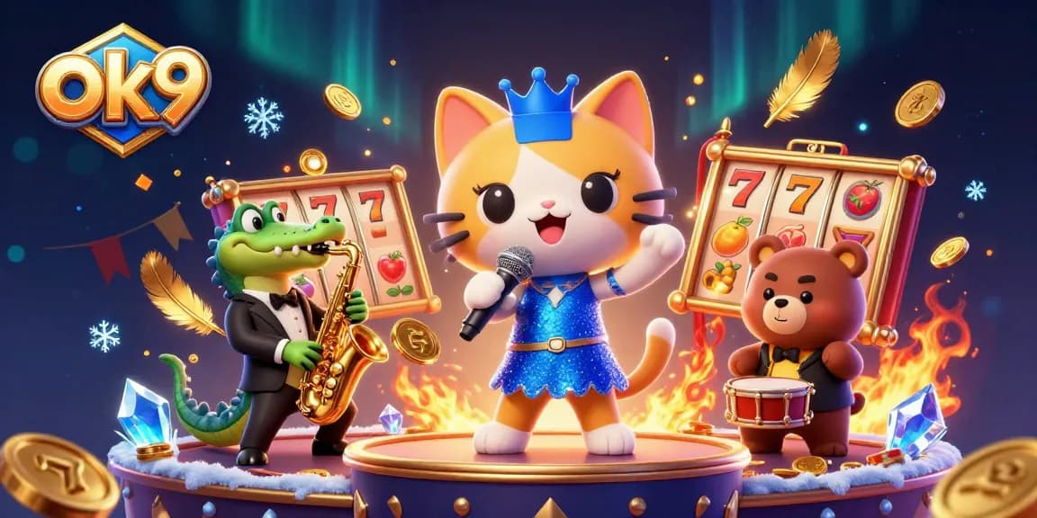 Engage in betting action with ok9's vibrant casino scene featuring dynamic characters and slot elements.