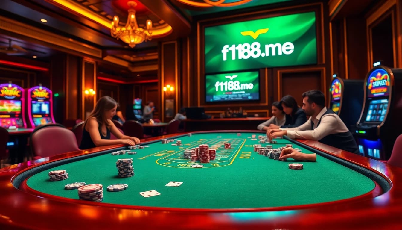 Experience the thrill of f168.me with vibrant casino gaming, featuring colorful chips and cards.