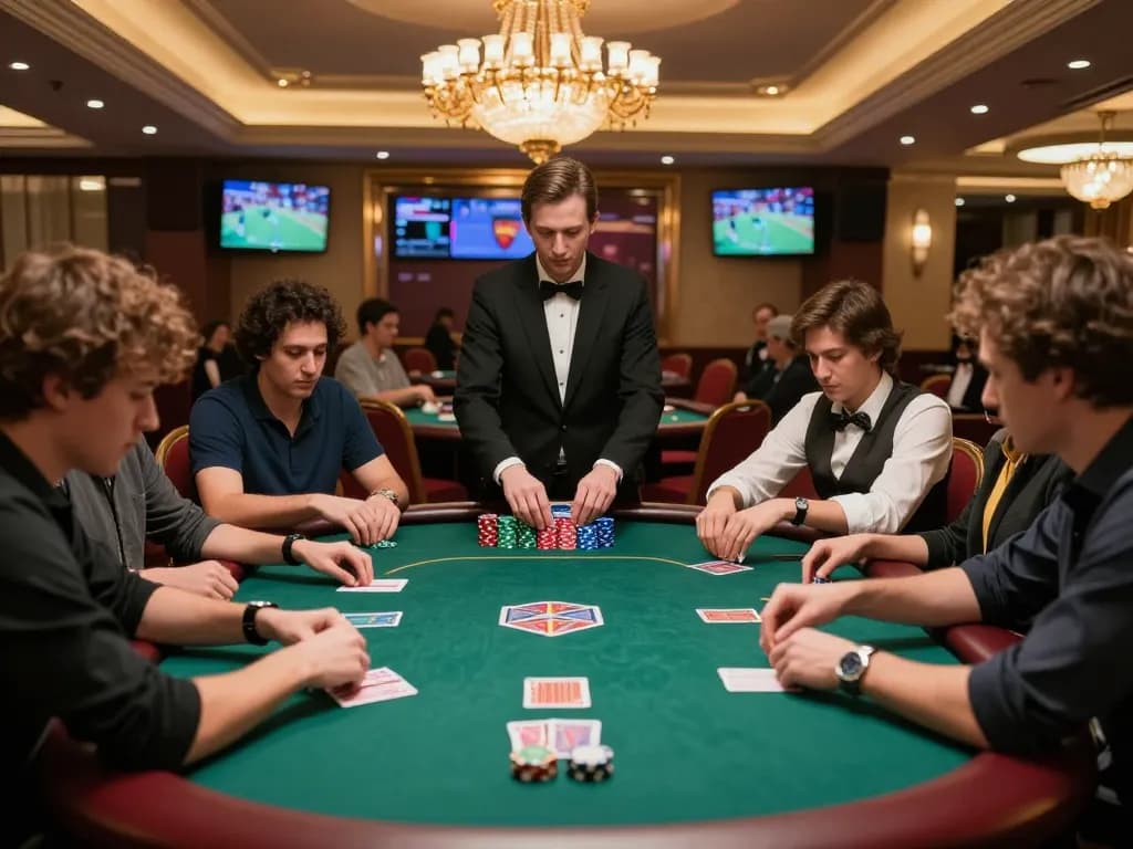 Players engage intensely in a MANCLUB poker game at a luxury casino, showcasing colorful chips and focused expressions.
