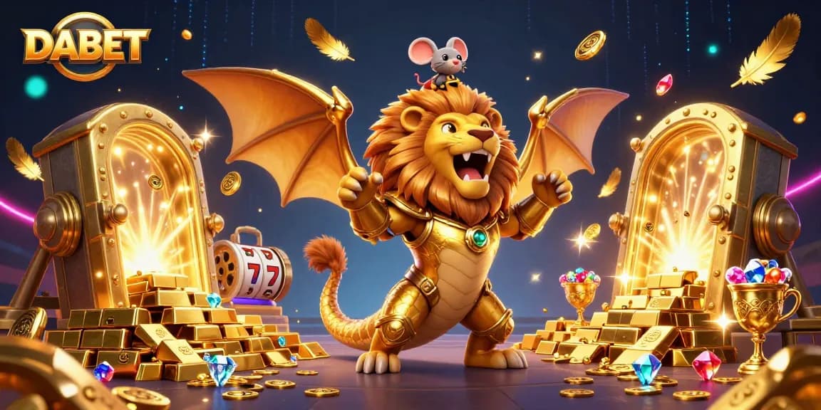 DABET immerses players in a vibrant casino experience with a dynamic chimera roaring triumphantly amid treasures.