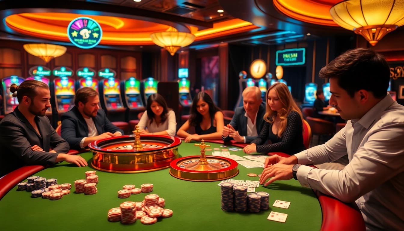 Gambers engaging at luxurious casino tables, showcasing excitement linked to https://qq88z.net/.
