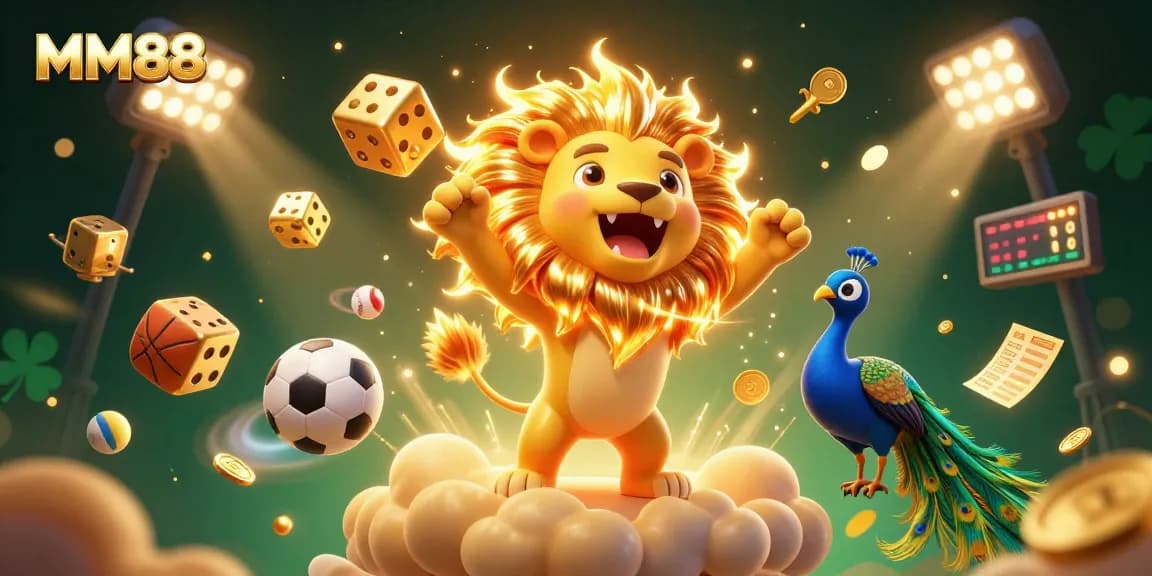 Bet on MM88 with a vibrant 3D illustration showcasing sports elements and dynamic energy.