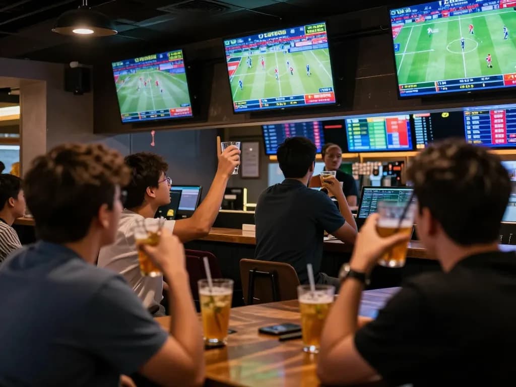 TR88 players excitedly discussing winning bets at a contemporary sports bar with vibrant screens