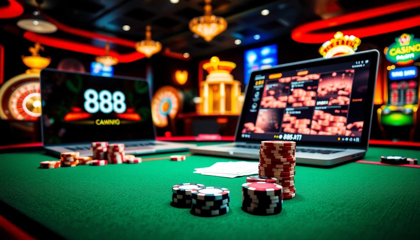 Immerse in the thrilling world of 888VI Đăng nhập with dynamic casino visuals showcasing poker chips and a laptop.
