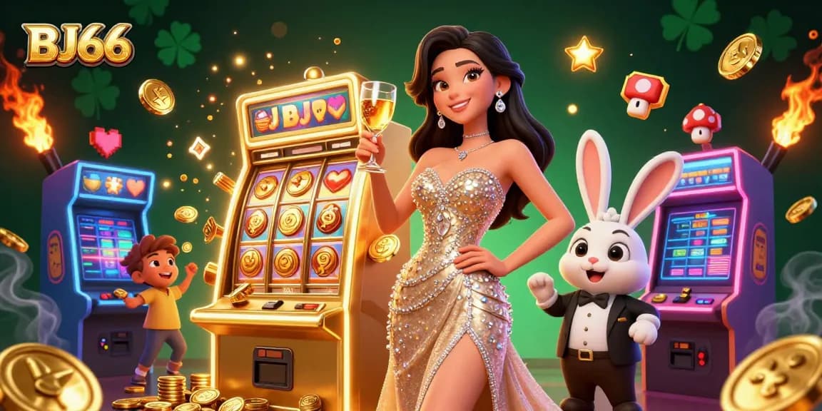Experience luck at BJ66 with a glamorous woman celebrating beside a golden jackpot machine.