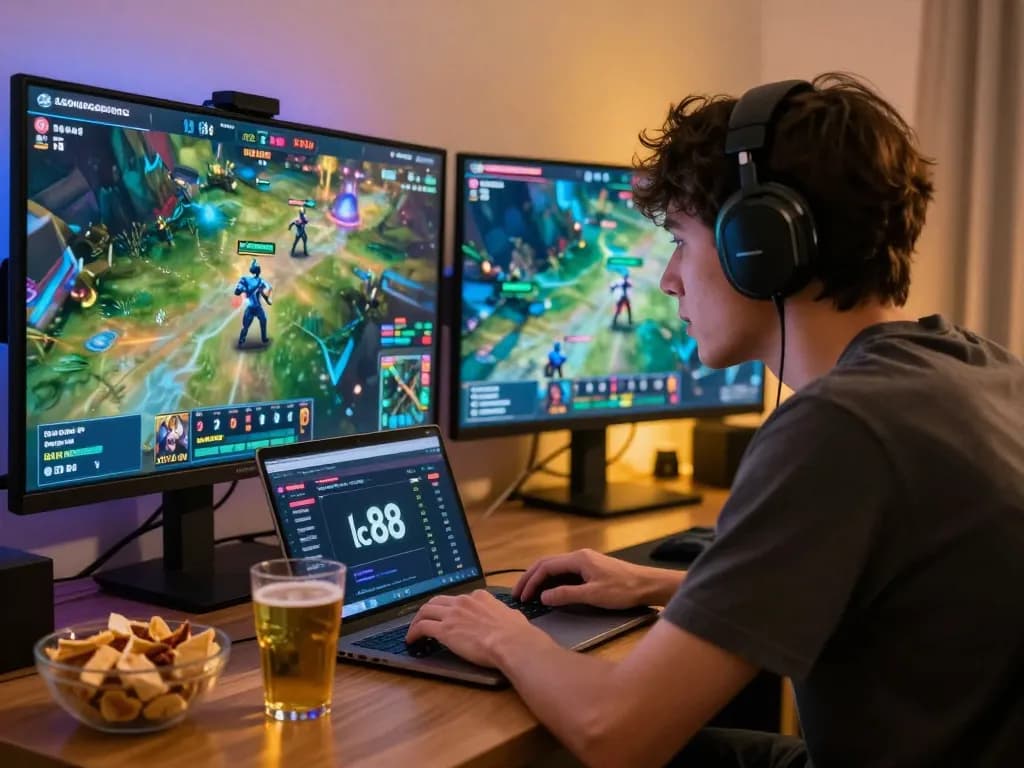 Engaging in esports betting at lc88, a player analyzes odds on multiple screens during a high-stakes gaming tournament.
