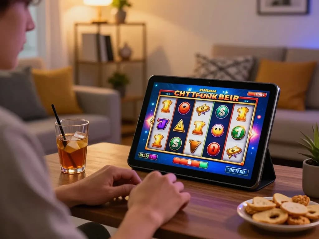 Exciting slot gameplay on a tablet showcasing 888top com in a cozy home setting.