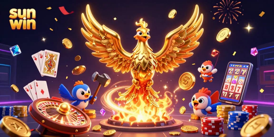 Experience the excitement at sun win with golden phoenix, coins, and vibrant casino elements!