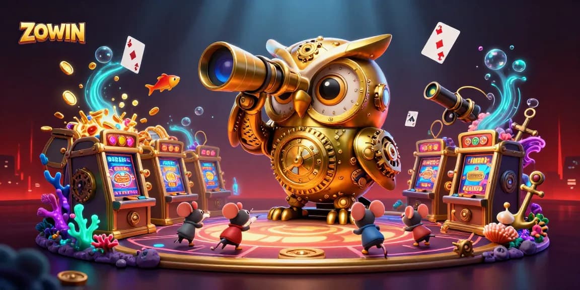ZOWIN shines as an incredible 3D cartoon illustration showcasing a dynamic casino scene with playful characters and sparkling game elements.