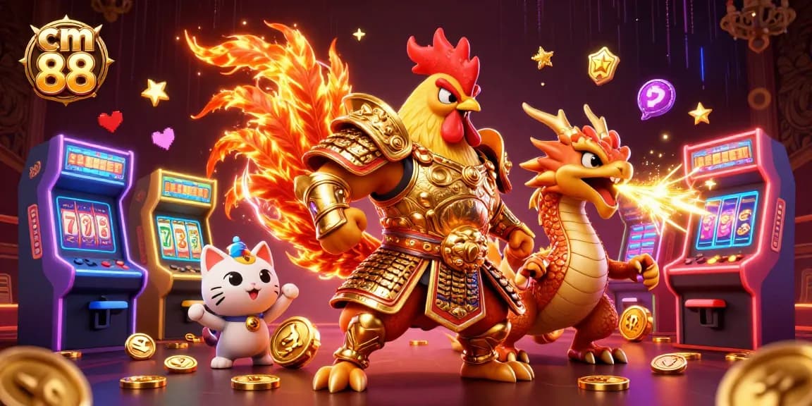 Engage with cm 88's thrilling gambling experience featuring a lively rooster warrior amidst dazzling casino elements.