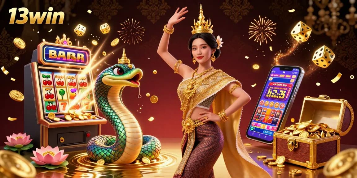 Experience the thrill of winning with 13win's vibrant casino scene featuring a Thai dancer and jackpot symbols.