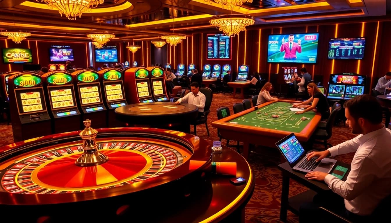 F168 players engaging at a luxurious casino table with exciting slot machines flashing.