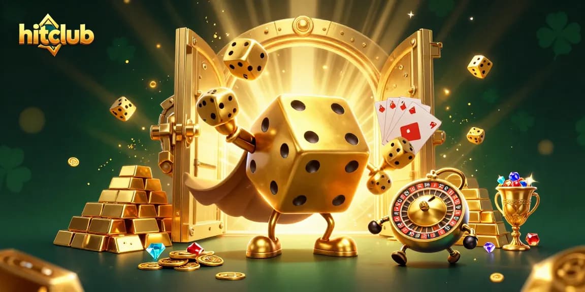 Hitclub characters thrive as golden dice and casino treasures create an exciting atmosphere.