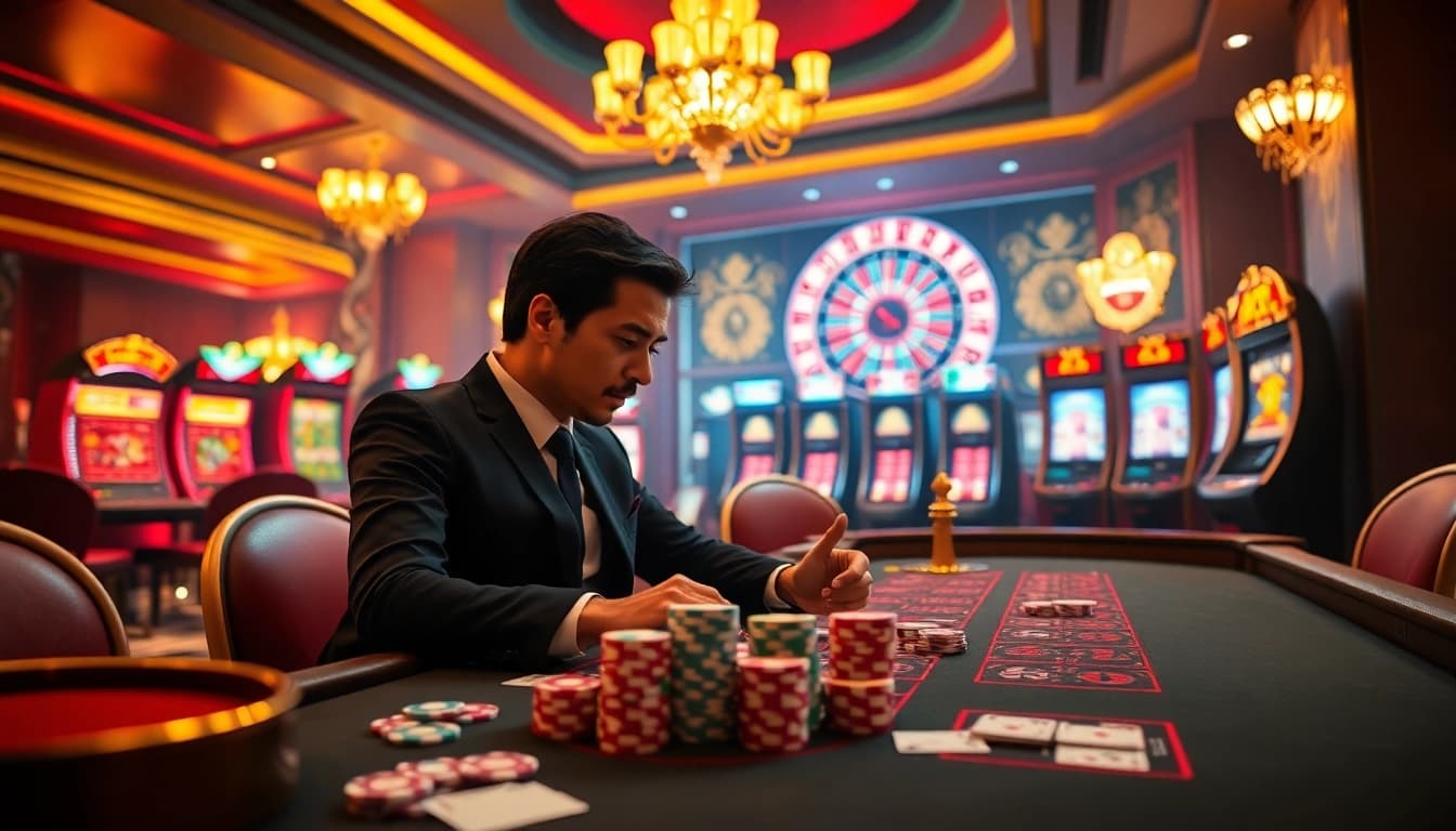 A professional gambler strategizes at a vibrant casino table showcasing 8XX themed poker chips and cards.