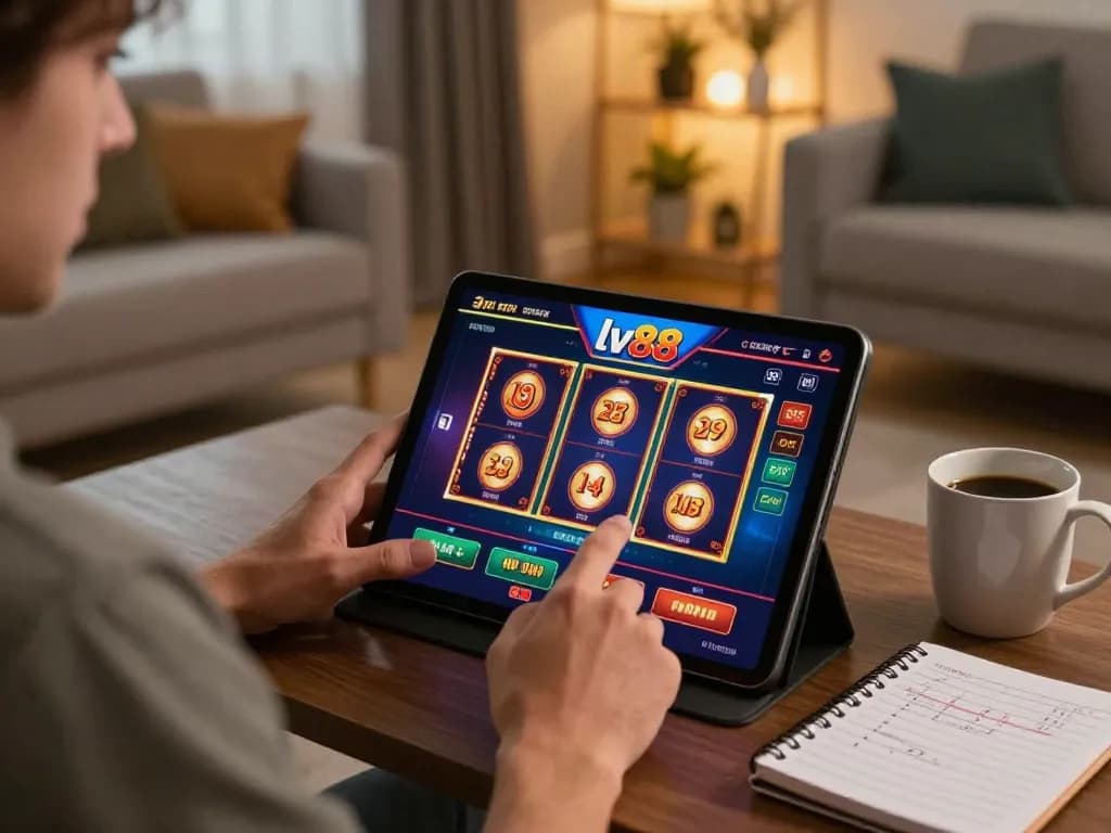 Player engaging with lv88 com on tablet at home, highlighting virtual casino excitement