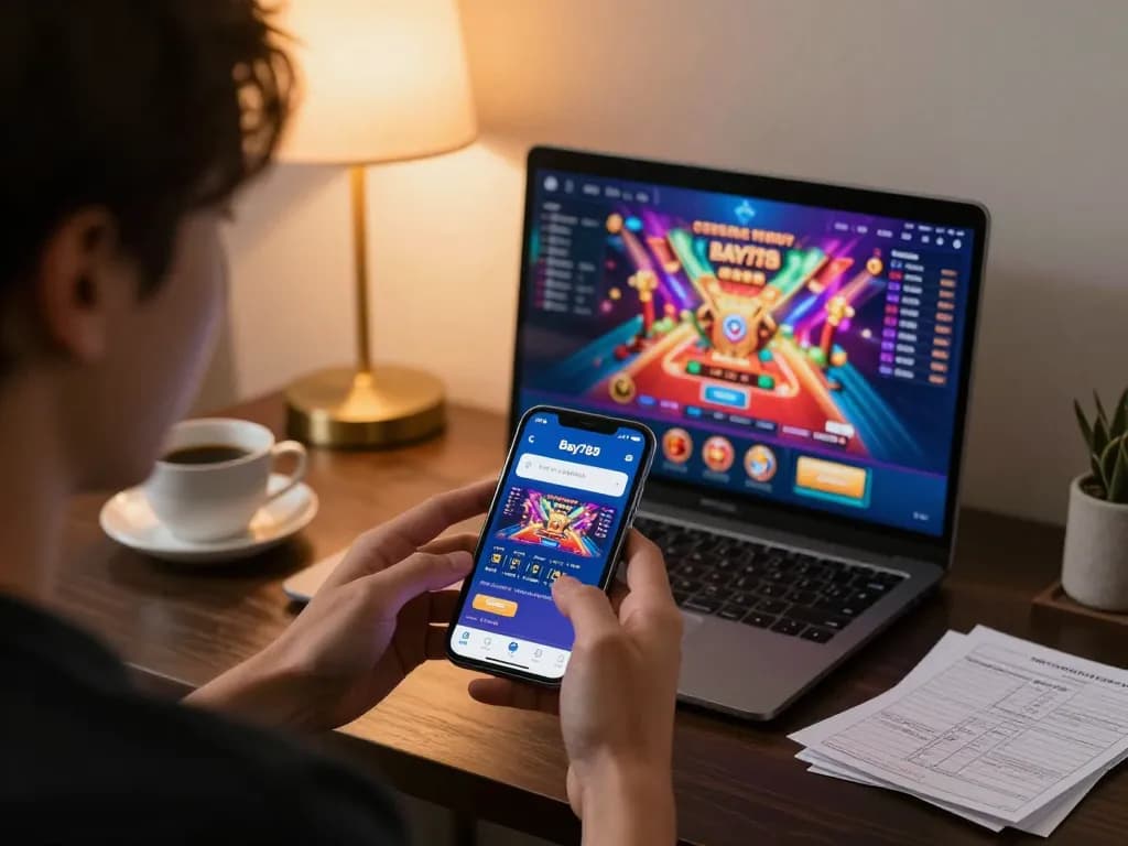 Player enjoying Bay789 online casino app on smartphone, setting a responsible gaming atmosphere