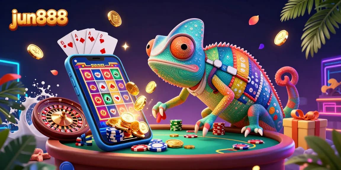 Engage in a thrilling jun888 casino experience with animated chameleon and dynamic gaming elements.