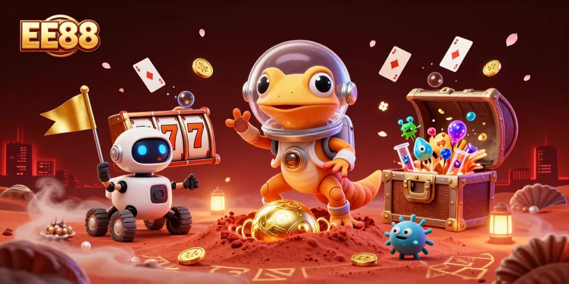 Engage with the excitement of EE88 featuring a Martian gecko and vibrant casino elements.