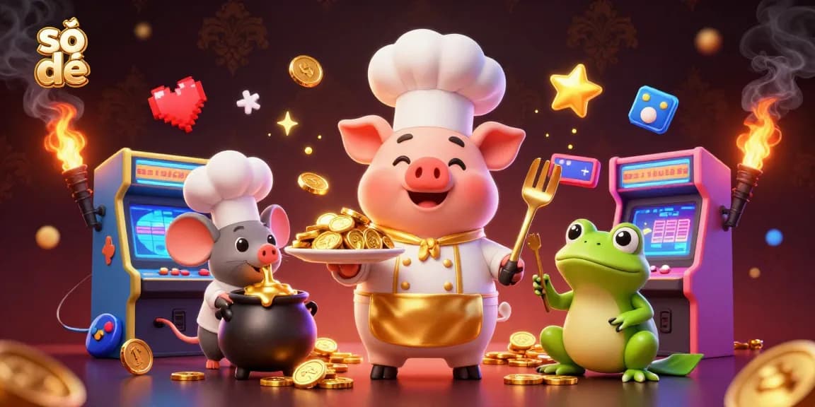 Bet big with số đề as a cartoon chef serves gold coins amidst vibrant gaming elements.