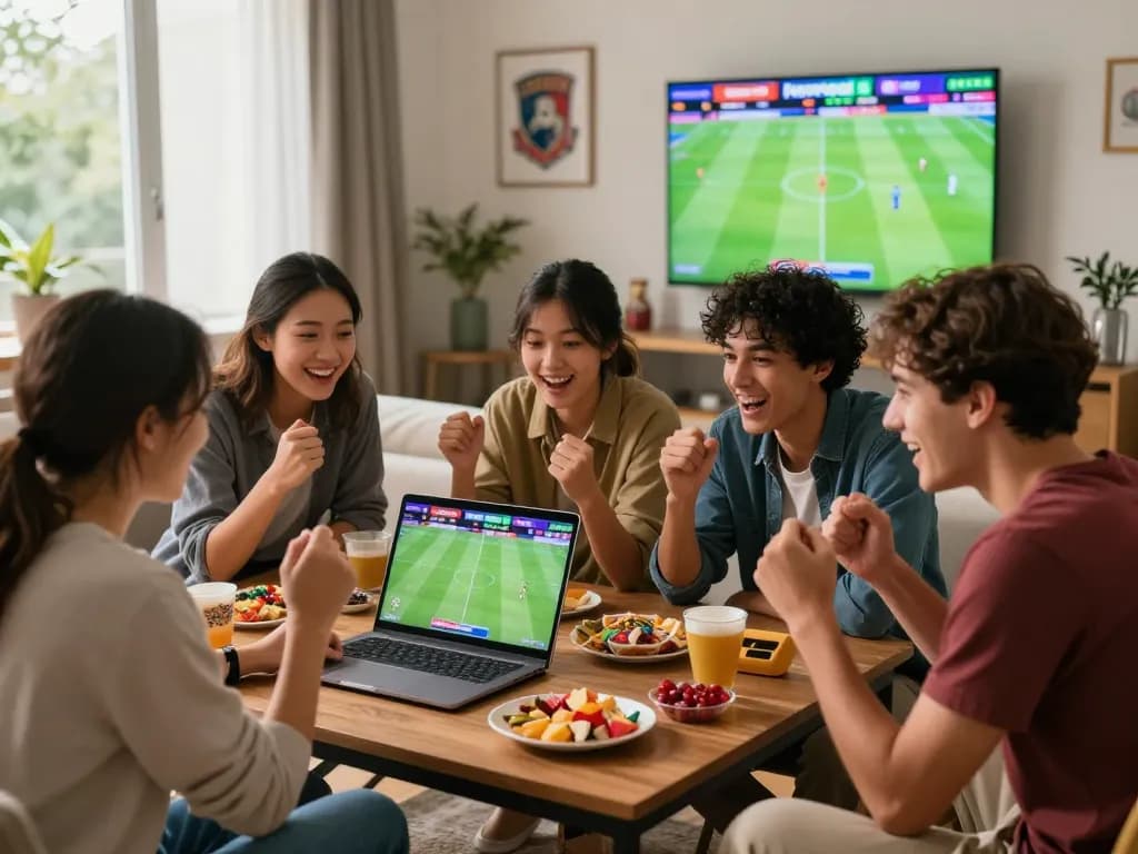 Group of friends using Nowgoal for football betting predictions during a match.