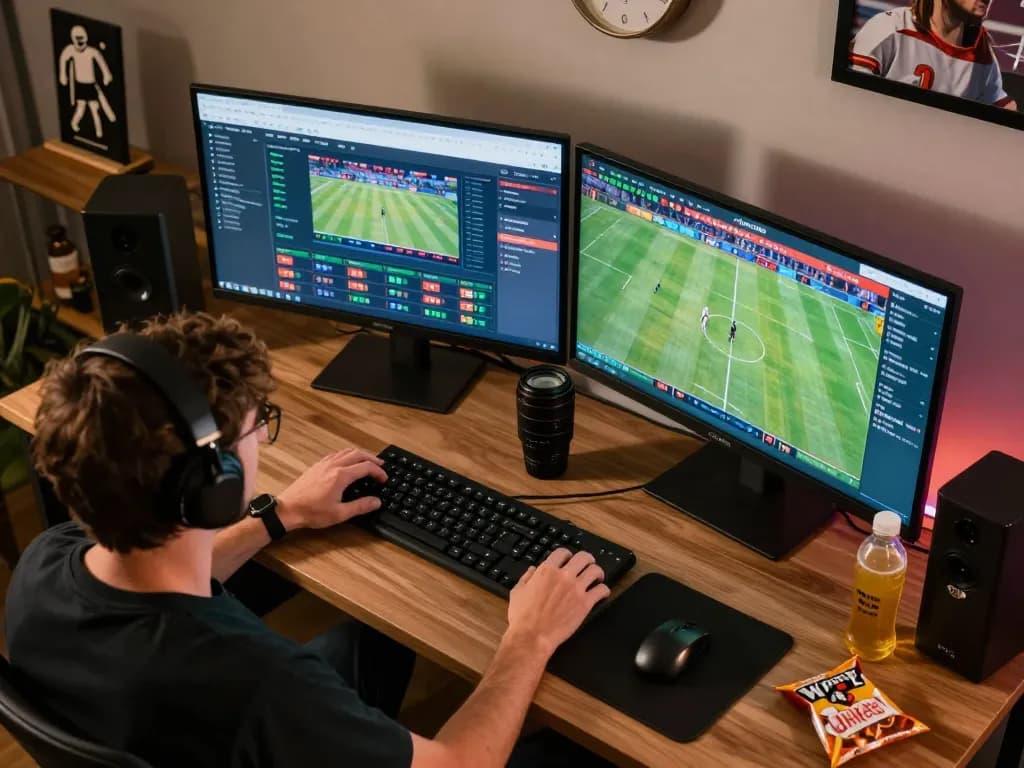 Player actively placing bets on the 1GOM sports betting platform with dual screens showing live events and updates.