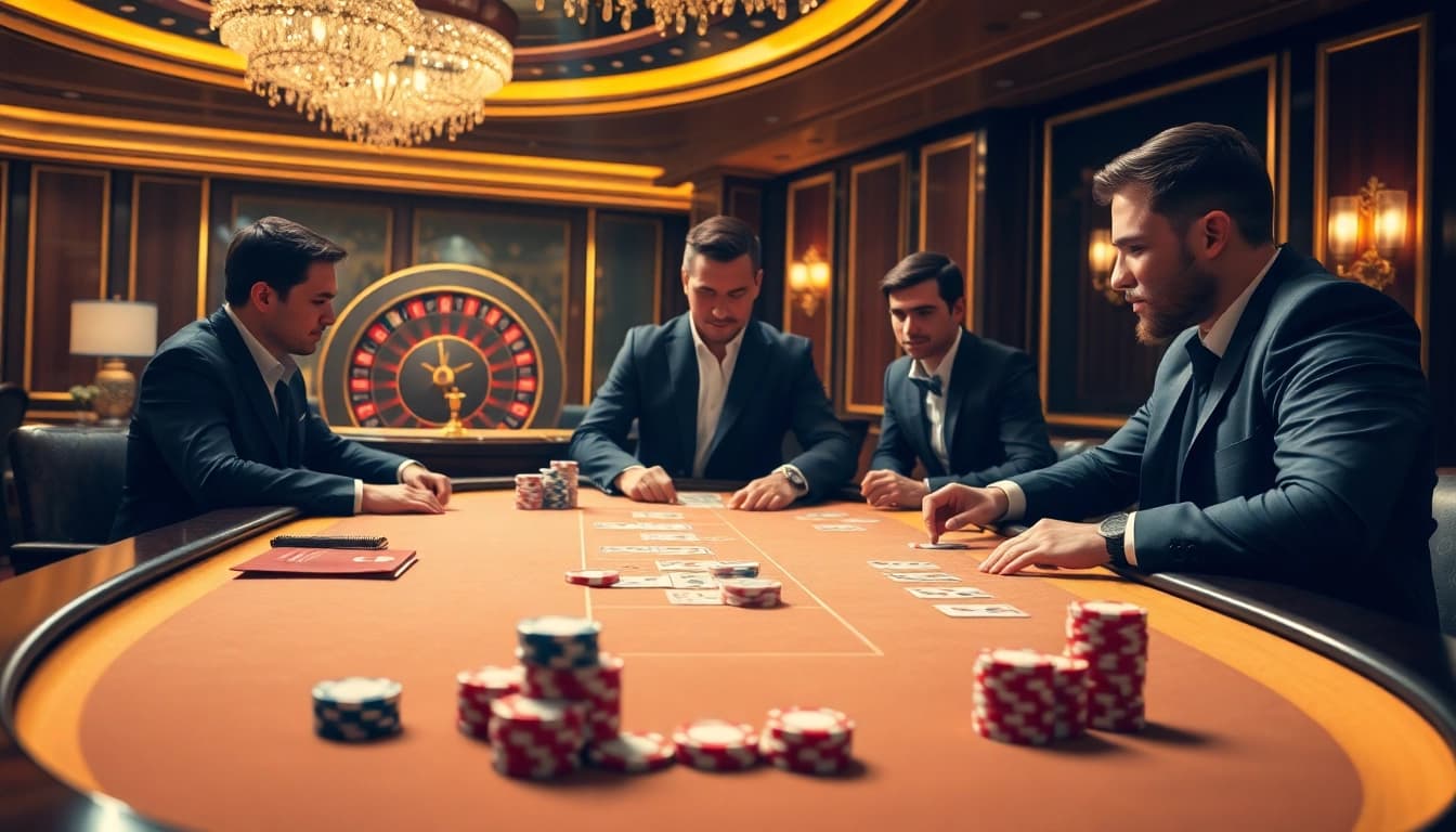 Experience the thrill of the casino with hm88 link as players strategize at a poker table.