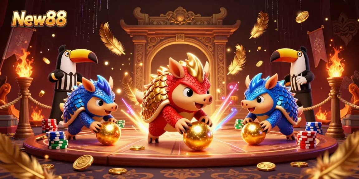 A pair of rival pangolins compete in New88's vibrant casino setting, bowling poker chips with confetti.