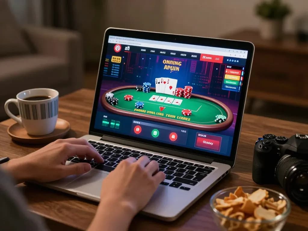 33win user engaging in an exciting poker game at home with cozy lighting and snacks.
