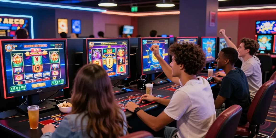 This vibrant gaming scene showcases players enjoying their favorite credit card casino games at jumpspace.org.uk, highlighting excitement and camaraderie.