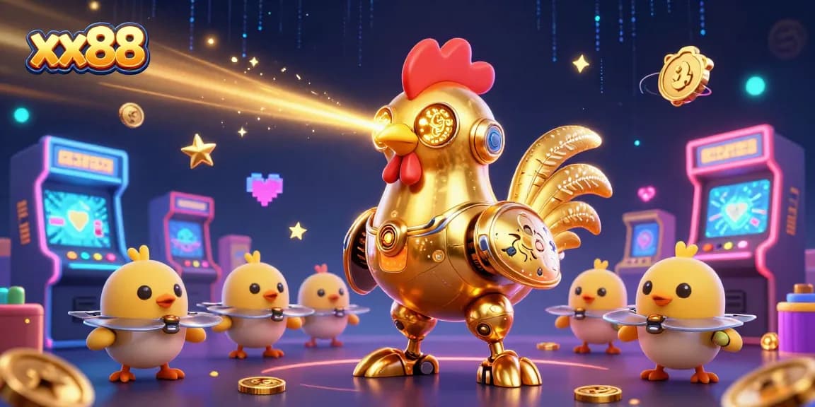 Engage in exciting gameplay at xx88, where the golden rooster robot leads the vibrant gaming scene.