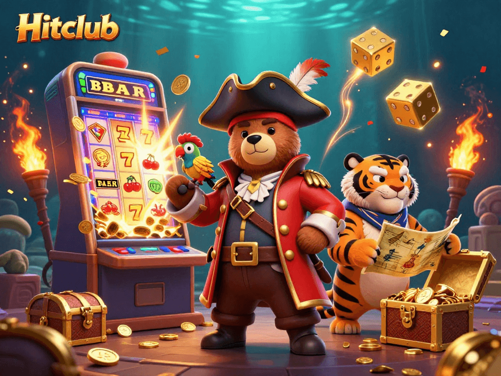 Experience the thrill of Hitclub with a lively 3D illustration of a pirate bear, tiger, and golden slot machine.