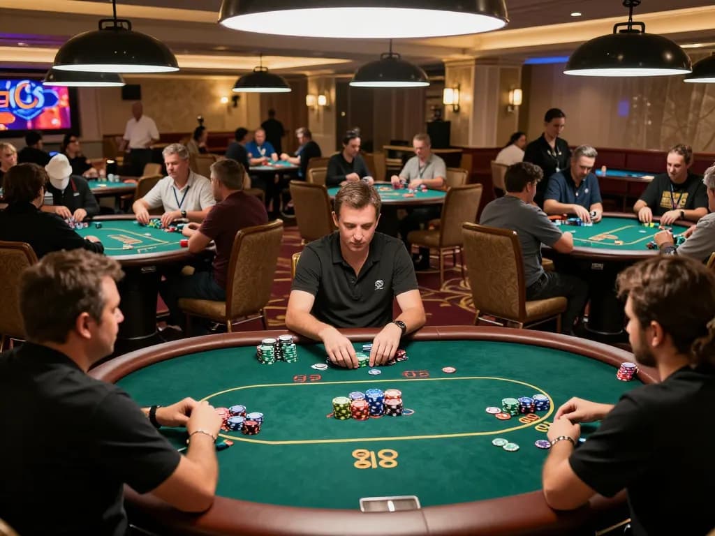 Players engaged in strategic gameplay at a poker table in a vibrant casino atmosphere with focus on website vb88.