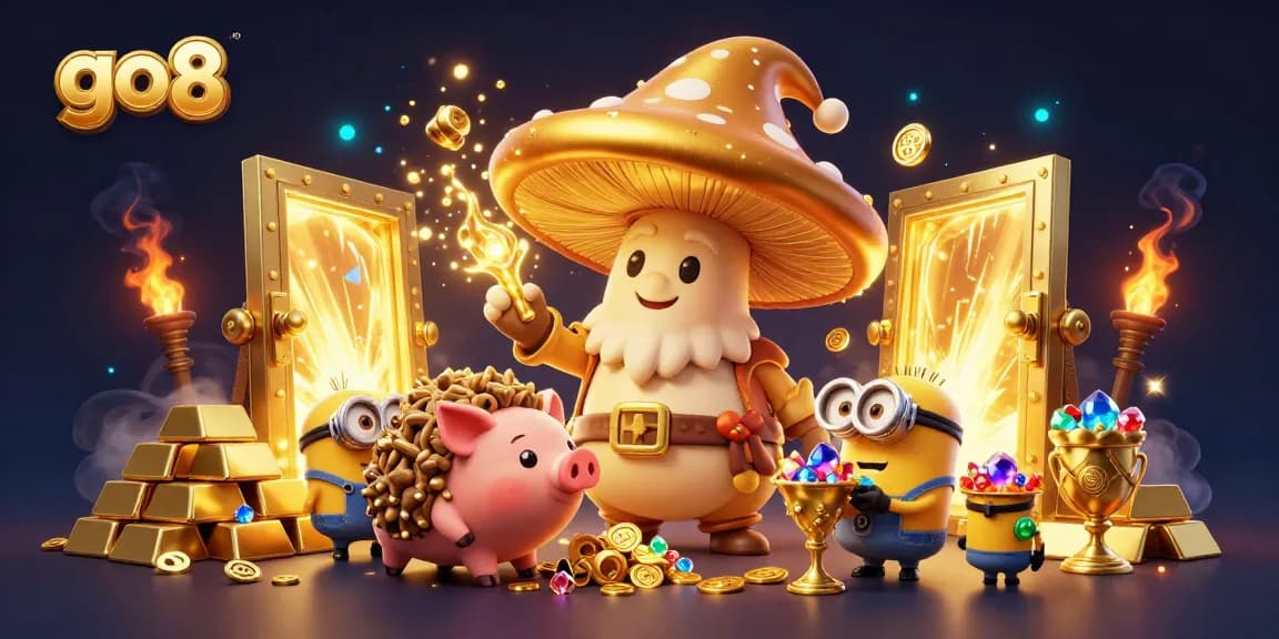 Engage with the magical go8 casino experience featuring a golden mushroom wizard and treasures.