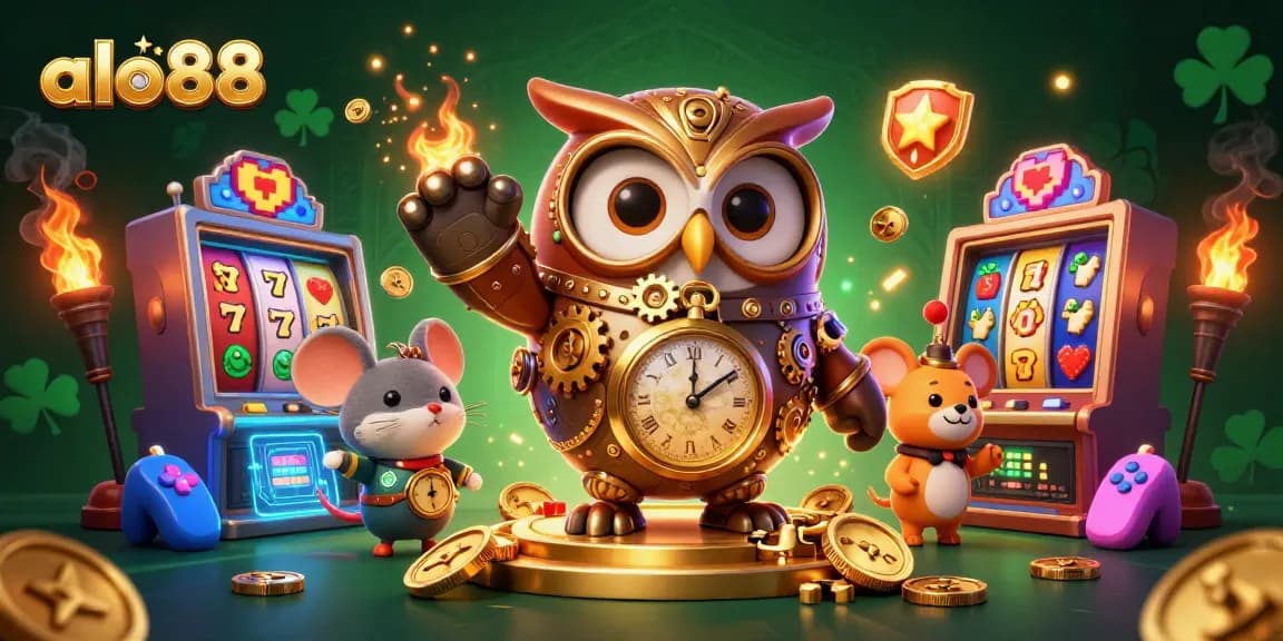 Experience the vibrant adventure of alo88 with a steampunk owl and casino-themed elements amidst dynamic 3D gaming visuals.