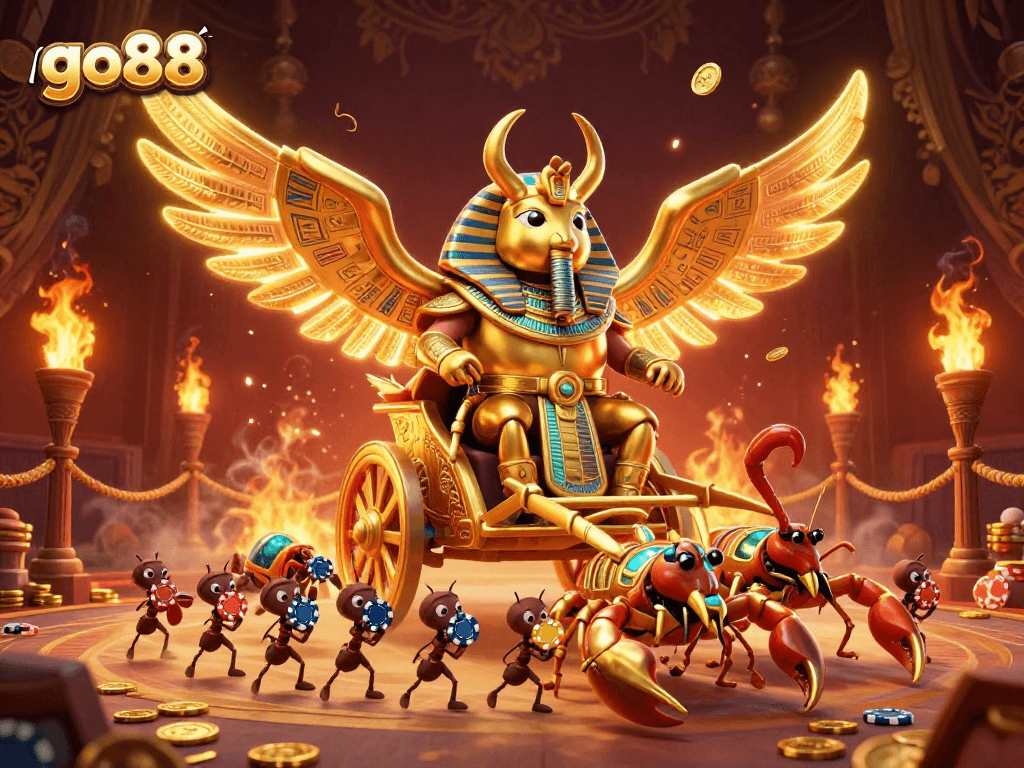 Experience thrilling gameplay at go88 with a vibrant 3D casino illustration showcasing epic characters and gambling elements.