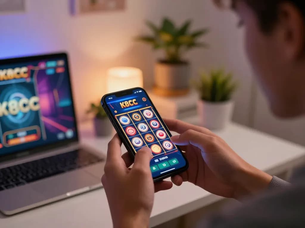 Player enjoying K8CC mobile gaming experience with spinning slots on smartphone in a cozy setting