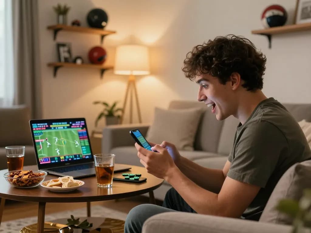 Lu88 sports betting excitement displayed on smartphone in a cozy home setting, showcasing dynamic engagement.
