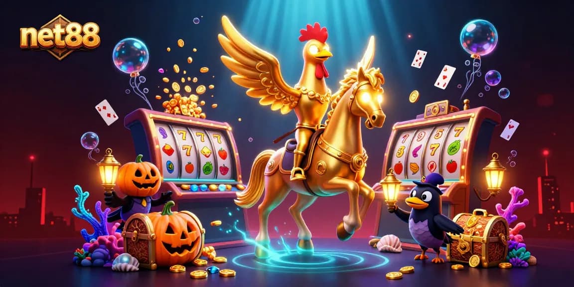 Experience the magic of net88 with a golden rooster championing the midnight casino scene.