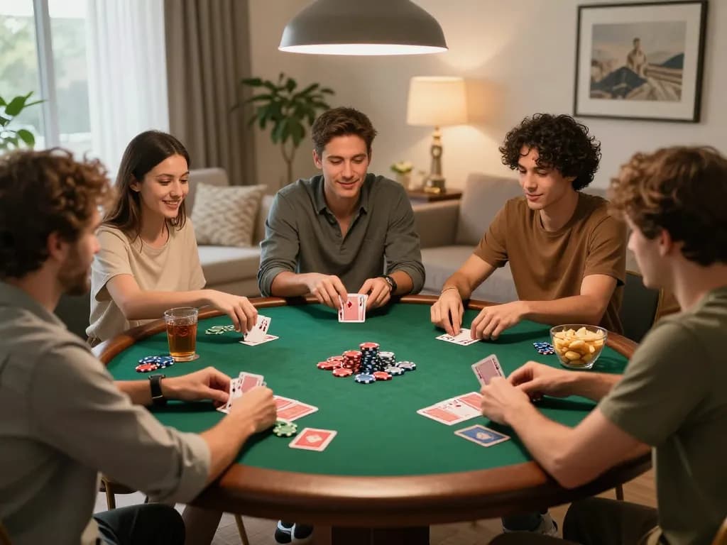 Friends strategizing in a lively home poker night at 89bet2, creating a cozy atmosphere.