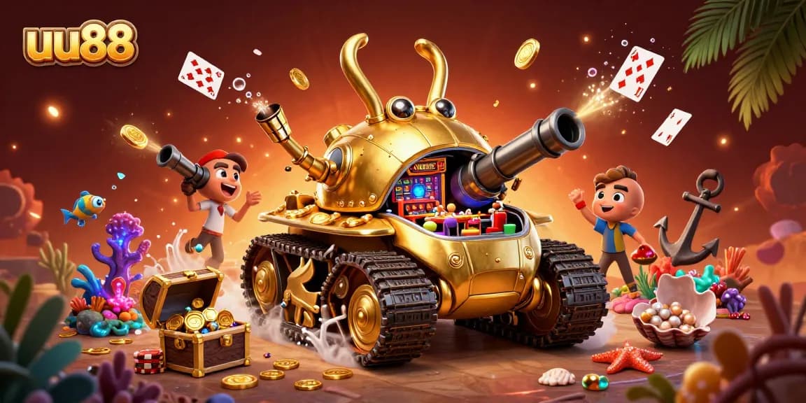 Experience the thrill of uu88's miniature casino within a golden beetle tank, filled with exciting game elements and vibrant colors.