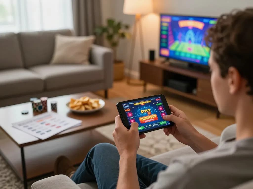 Player immersed in 58wiin online gaming experience on mobile device at home with strategic notes.