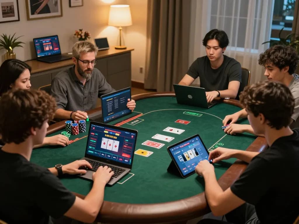 Engaged players enjoying online poker game at 789club, showcasing strategic gameplay in a cozy setting