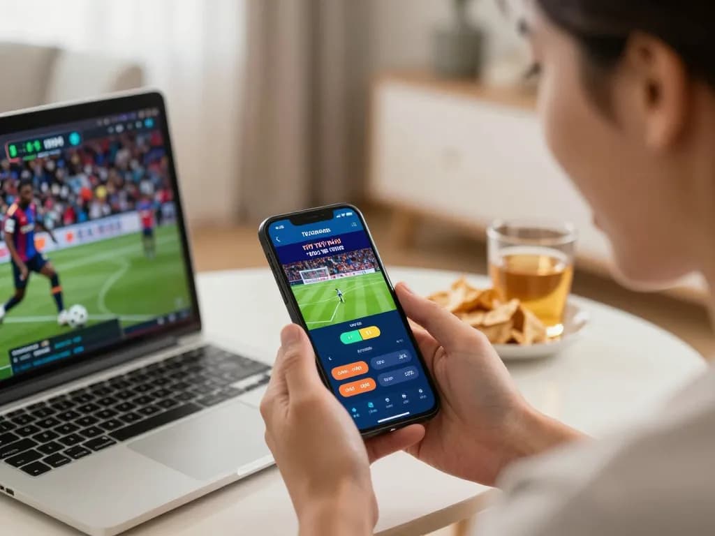 Tỷ lệ kèo trực tuyến displayed on smartphone during casual sports betting at home, showcasing an engaging gaming experience.