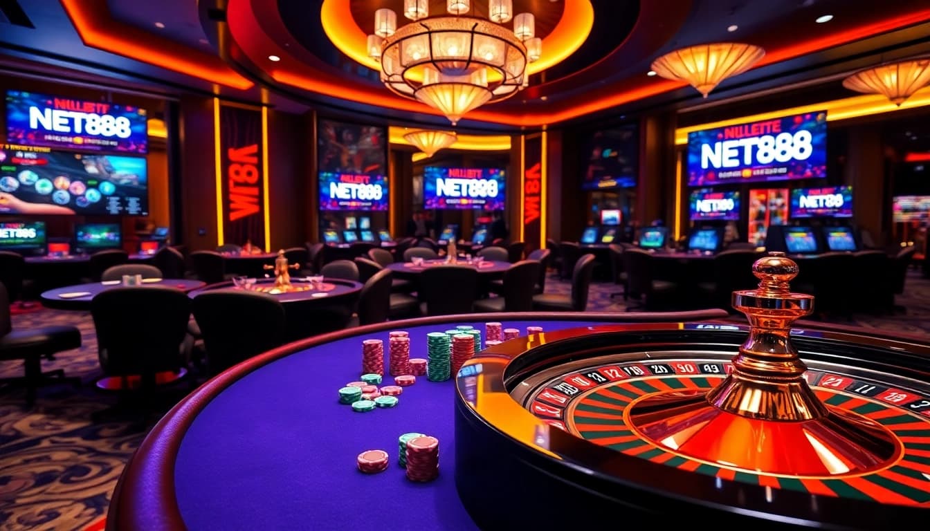 Join the excitement of NET88 with vibrant casino activities featuring poker and roulette.