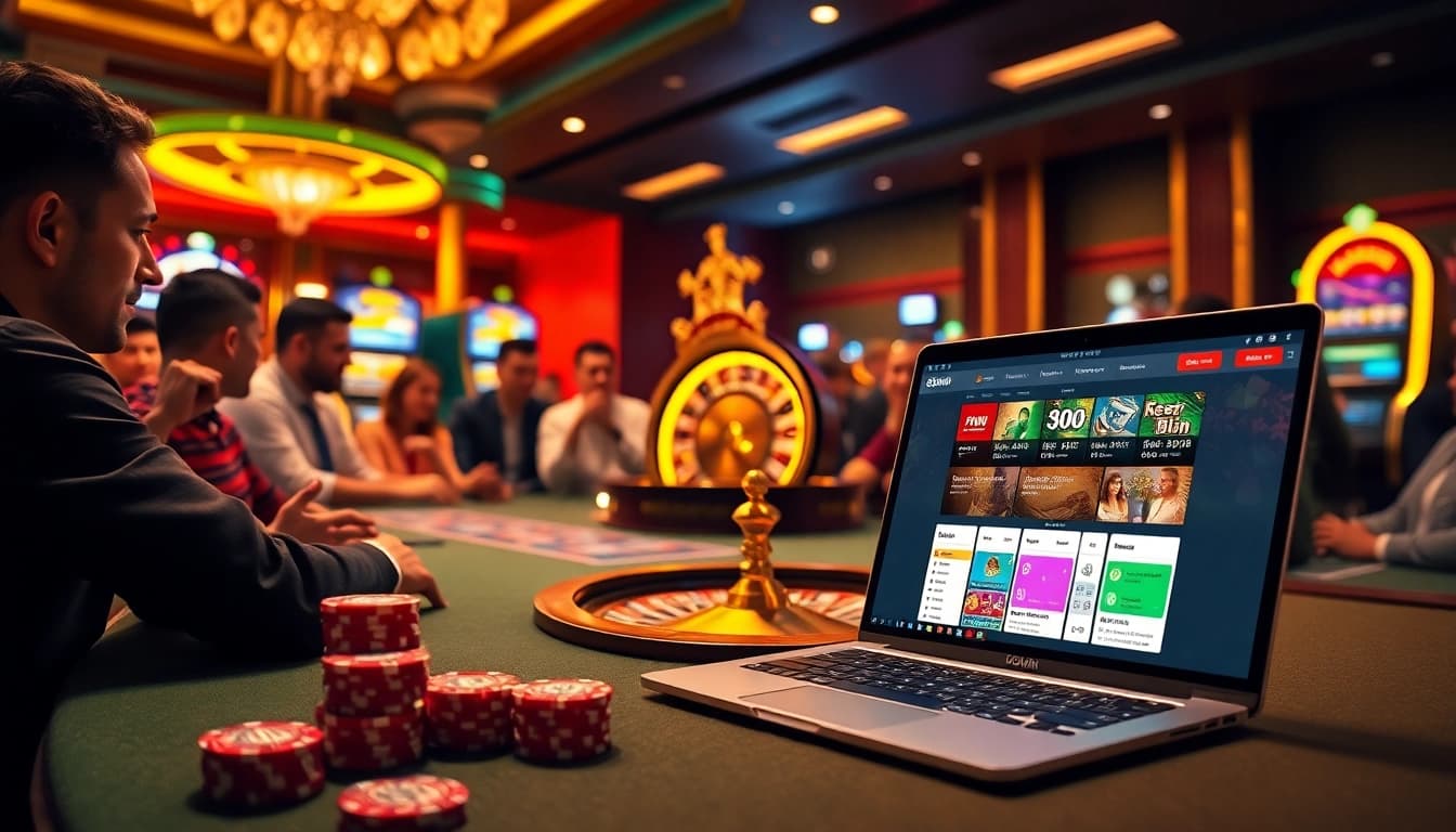 Experience the thrill of Khuyến mãi 98win at a vibrant casino table with live dealers and glowing slot machines.