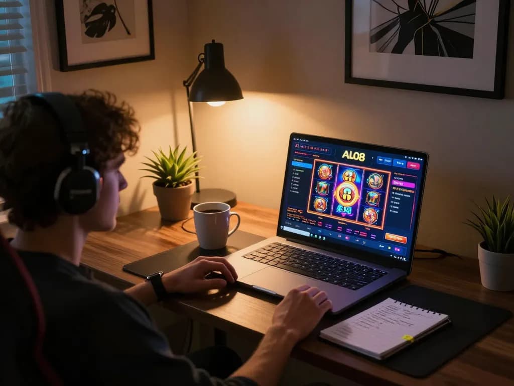 Player engaging with ALO8 online casino gaming setup, showcasing strategic interactions in a cozy environment