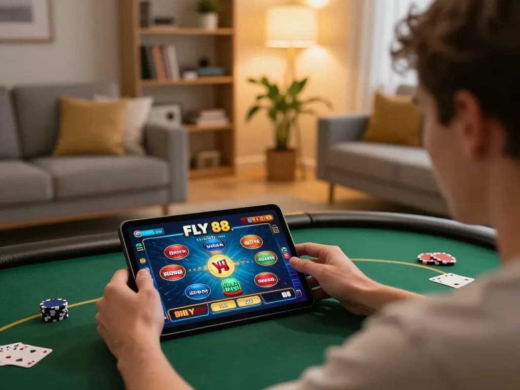 Engaging home gambling session with FLY 88 tablet gameplay in cozy setting.